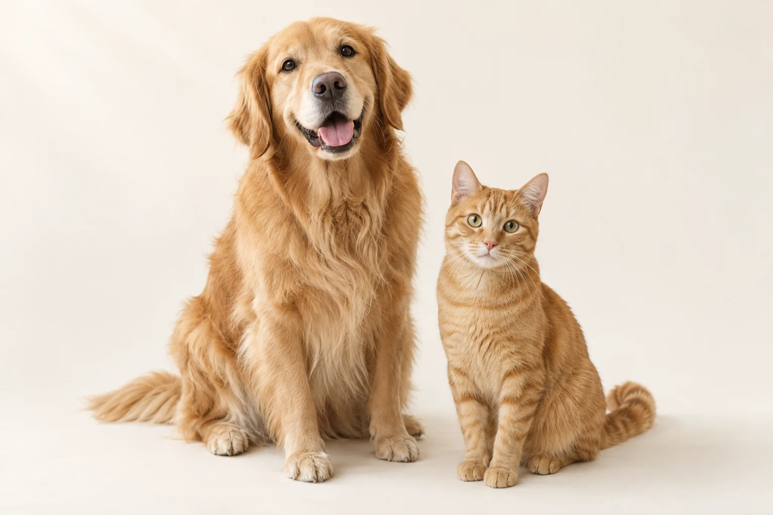 A golden retriever and ginger cat sitting side by side